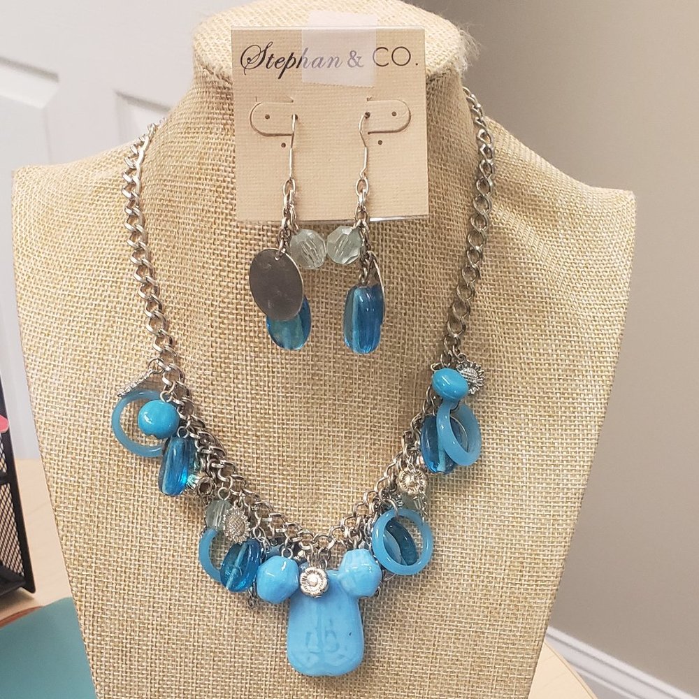 Stephan & Co, NWT, Blue Stone & Silver charm necklace & earring set